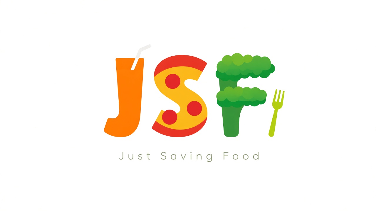 Just Saving Food logo — the letters JSF drawn as an orange juice glass, a pizza slice and broccoli, with a green fork